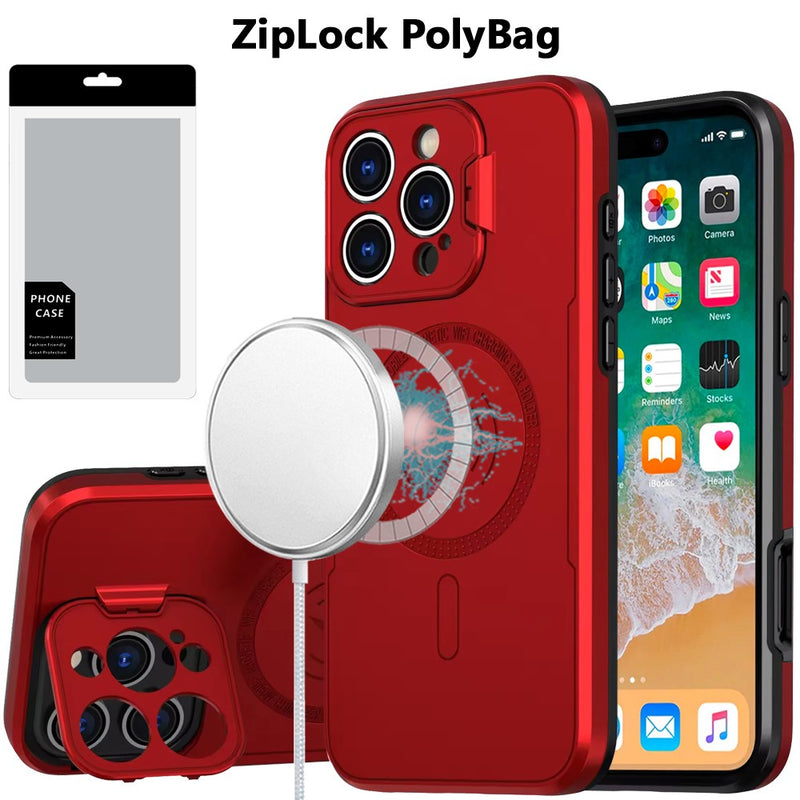 For iPhone 16 Pro Max 6.9 inch Magnetic Ring Circle Camera Cap KickStand Hybrid UV Paint Matte Finish Case - Red