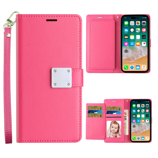 For iPhone 16 Wallet Case Double Fold with Extra Card Slots Pink